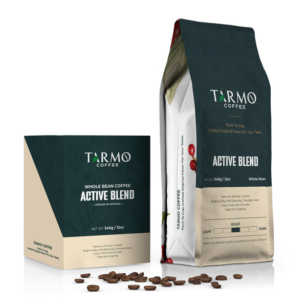 Tarmo Coffee | ACTIVE BLEND - Low Acid Whole Bean Coffee, Vietnamese Premium Arabica & Robusta Blend, Medium Roast Coffee, 12 Oz Bag