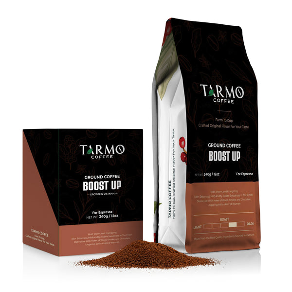 Tarmo Coffee | BOOST UP - Low Acid Ground Coffee, Vietnamese Premium Arabica & Robusta Blend, Medium Roast Coffee, 12 Oz Bag