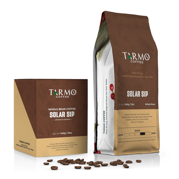 Tarmo Coffee | SOLAR SIP - Low Acid Whole Bean Coffee, Vietnamese Premium Arabica & Robusta Blend, Medium Roast Coffee, 12 Oz Bag