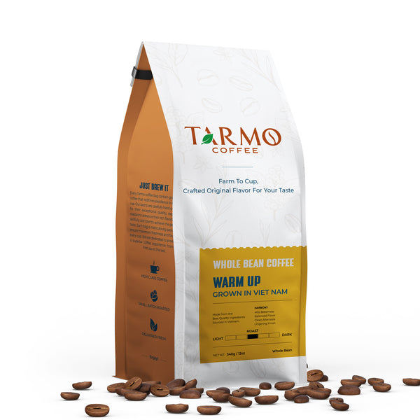 Tarmo Coffee | WARM UP - Low Acid Whole Bean Coffee, Vietnamese Premium Arabica & Robusta Blend, Medium Roast Coffee, 12 Oz / 340g Bag